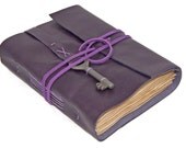 Purple Leather Journal with Tea Stained Pages and Skeleton Key Bookmark