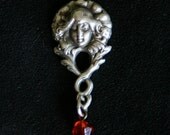 Sterling silver Art Nouveau ornate lady cameo face red crystal bead french lavalier pendant bracelet charm from vintage original handmade