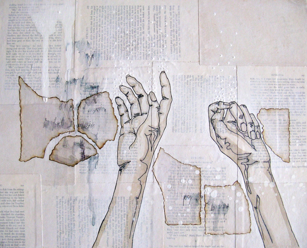 large abstract mixed media white painting in vintage frame.  on longing.