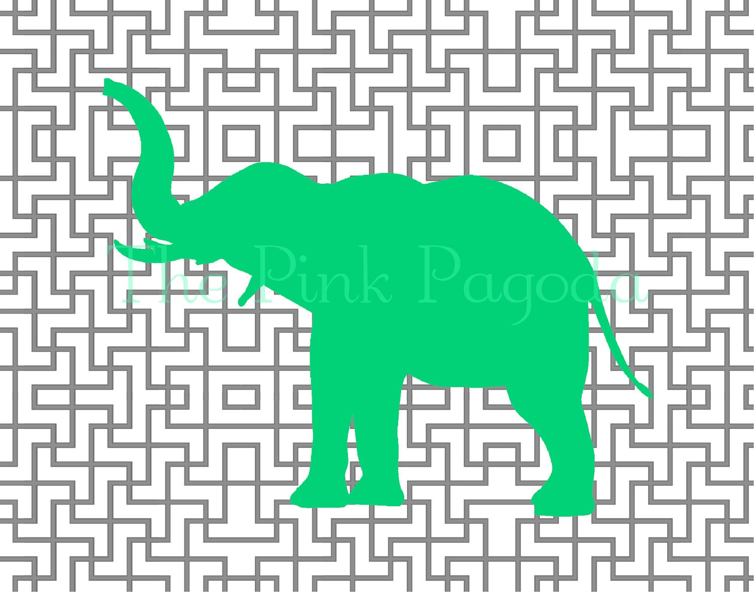 Two Green Elephant Prints on Gray Lattice 11x14