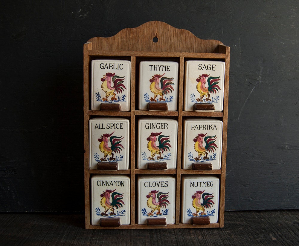 Vintage Ceramic Spice Rack - Country Rooster Chickens