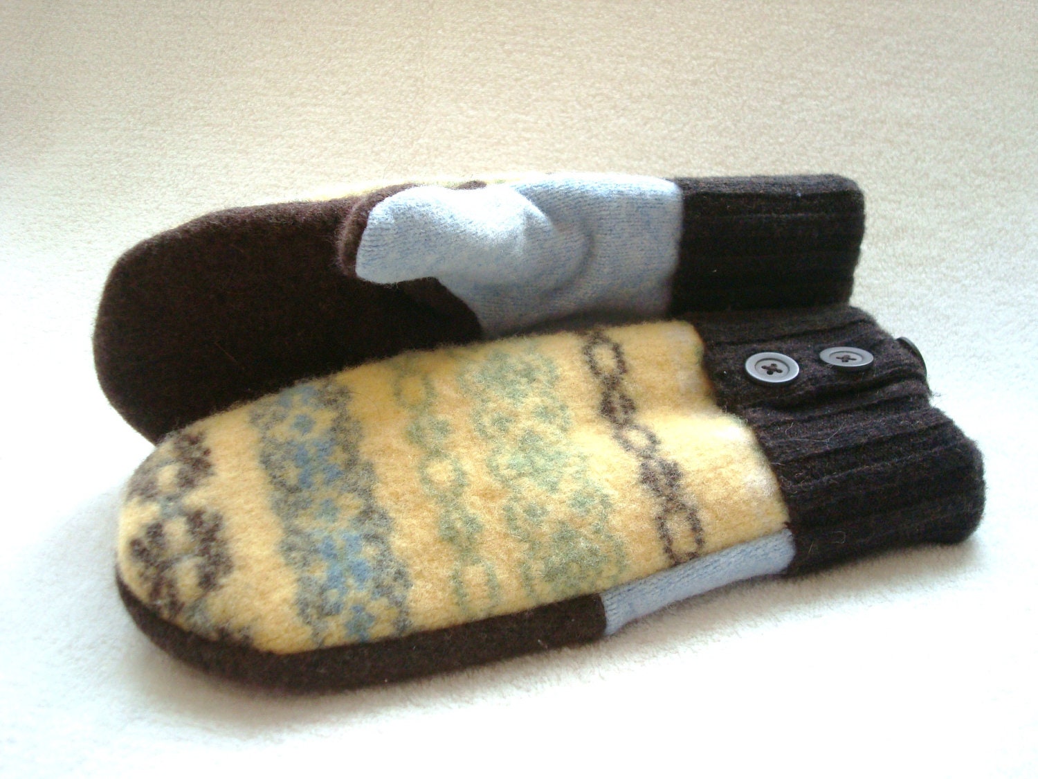 Felted Wool Mittens YELLOW BROWN Fair Isle Sweater Wool, Cashmere Lined by WormeWoole