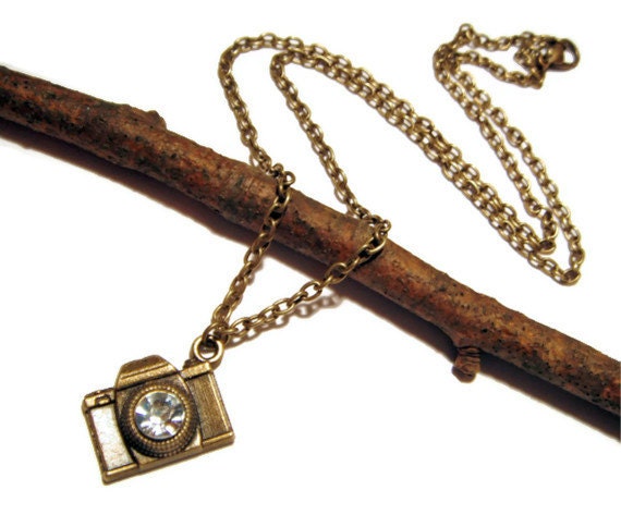Bronze Crystal Camera Necklace