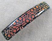 Dichroic Heart Barrette - 3.5" / 9cm - Copper Red Orange Gold Mosaic Web Lace Patterned Fused Glass