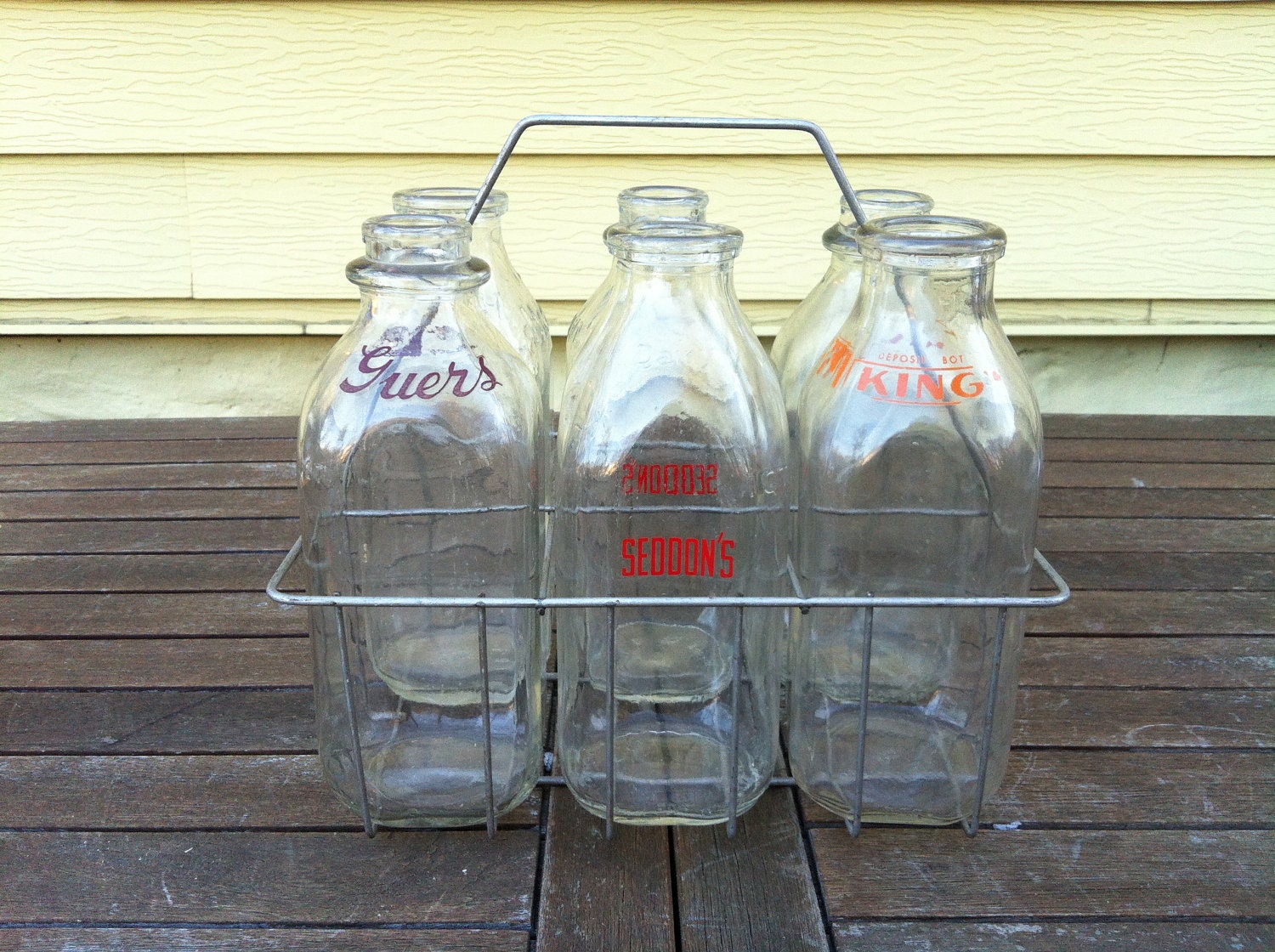 Vintage Milk Carrier With 6 Qt Glass Bottles By Salvageandco