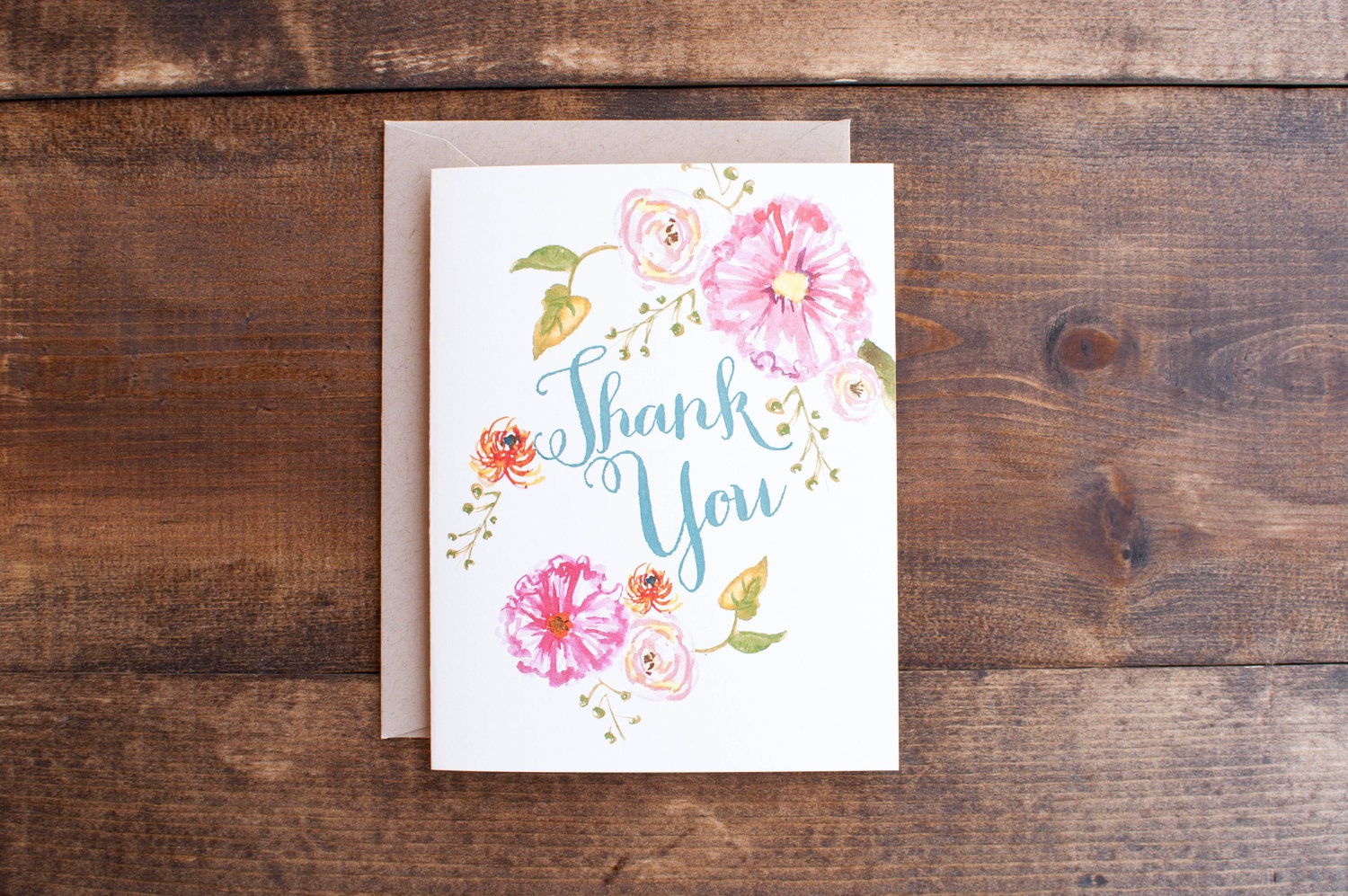 thank you card with lovely and bold hand painted flowers, floral card gouache pink green natural paper goods