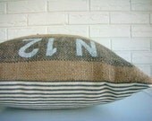 Burlap Pillow Cover - Throw - Coffee Sack Pillow - Ticking - Industrial Chic Gray Stripe - Rustic Modern Farmhouse Nautical 20"-22"