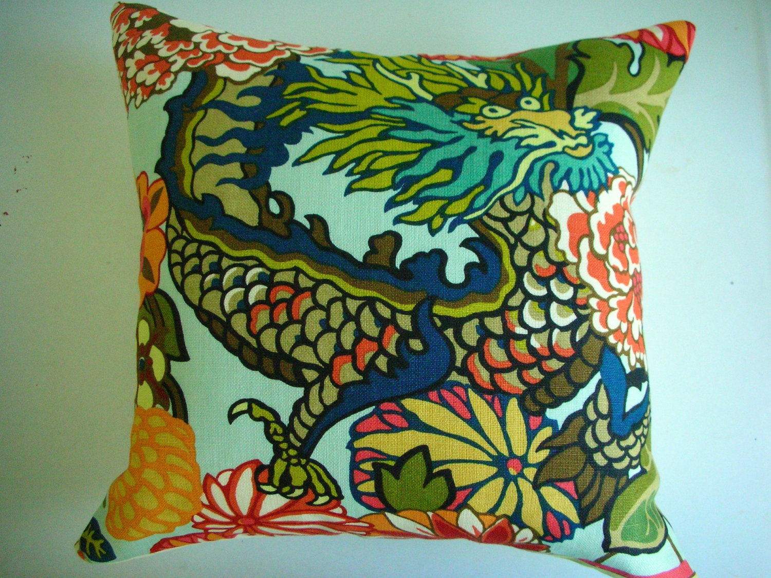PAIR of Schumacher Chiang Mai Dragon Decorative Throw Pillow Covers - Aquamarine Alabaster Colorful - Hollywood Regency Chinoiserie