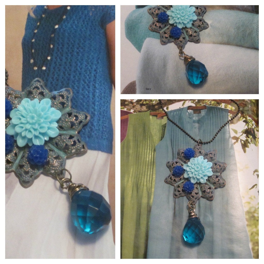 Shabby Chic Resin Flower and Aquamarine quartz on patinaed brass pendant TAGT