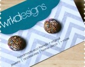 Pink Damask Fabric Button Stud Earrings