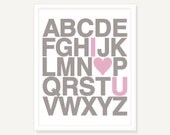Love Heart Alphabet Poster - Personalized Nursery Baby Decor Kids Wall Art - Pink Taupe Typography Poster - 11x14 Giclee