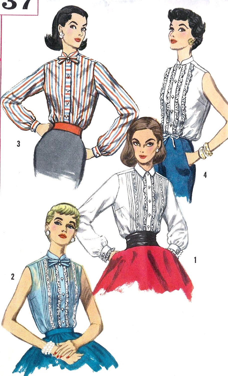 1950s Misses Blouse Vintage Sewing Pattern, Office Fashion, Ruffles, Simplicity 1837 bust 32" uncut