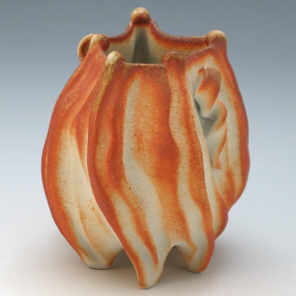 Woodfired orange, tan & white carved porcelain vessel with handles