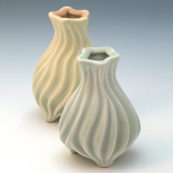 Carved aqua blue porcelain bud vase