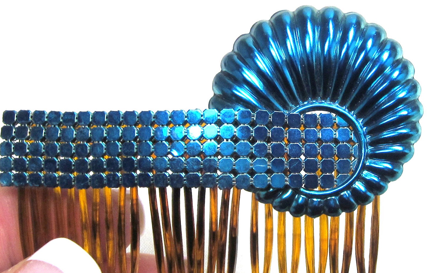 Vintage Whiting and Davis Deco Mesh Metalic Teal Blue Comb