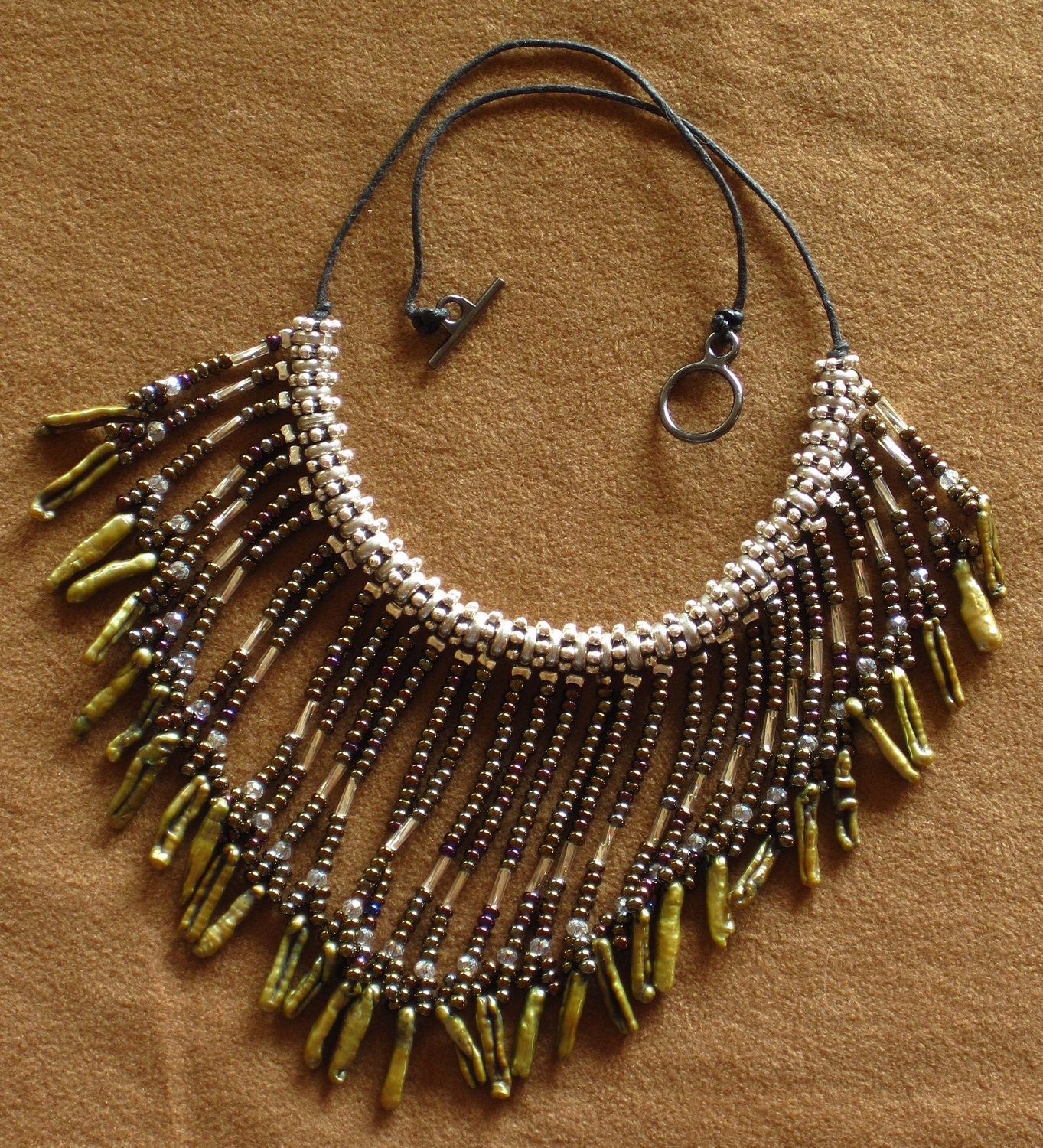 PRICE REDUCED Native American style tribal fringed collar necklace with olive green pearls, clear crystals and coppery gold seed beads