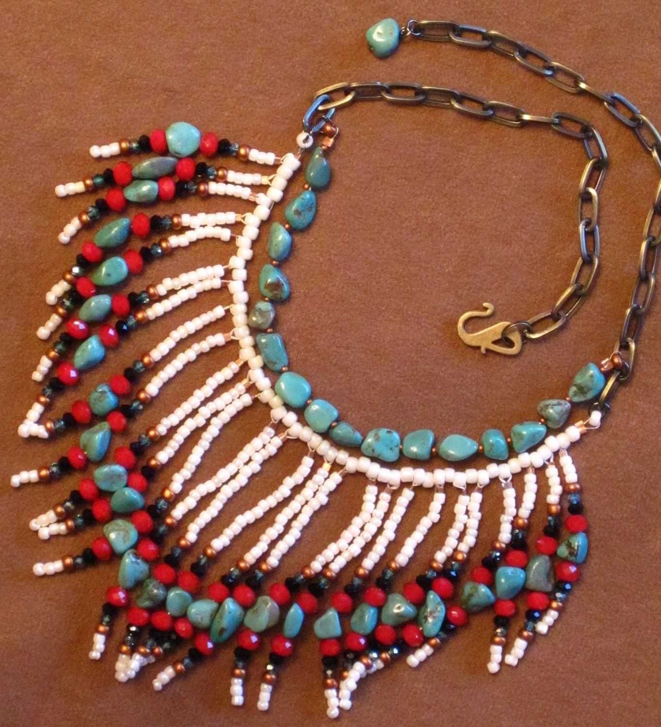 Native American style tribal fringed collar necklace in pearl, turquoise, red, black and copper