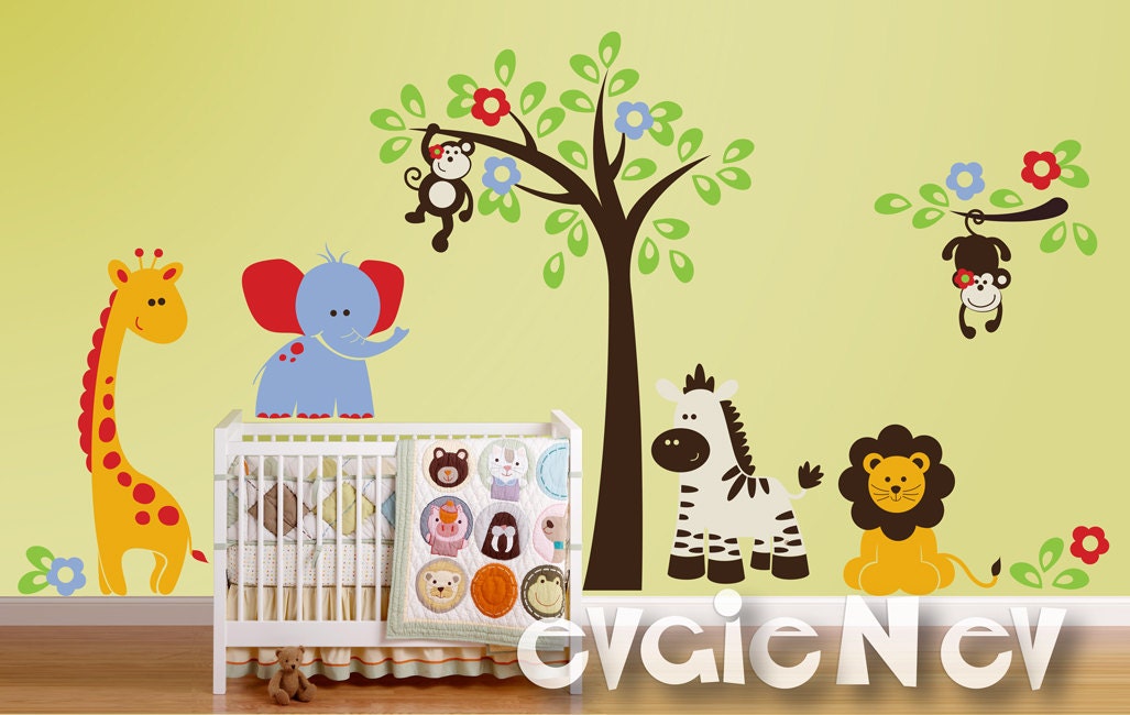 Children Wall Decal Wall Sticker Animals  - Lion, Monkeys, Giraffe, Elephant and Zebra Decals - Wall Stickers PLSF011