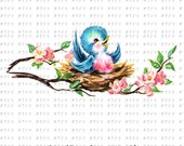 Vintage Bluebird on Cherry Blossom Branch LARGE Digital Image Download Sheet Transfer To Totes Pillows Tea Towels T-Shirts
