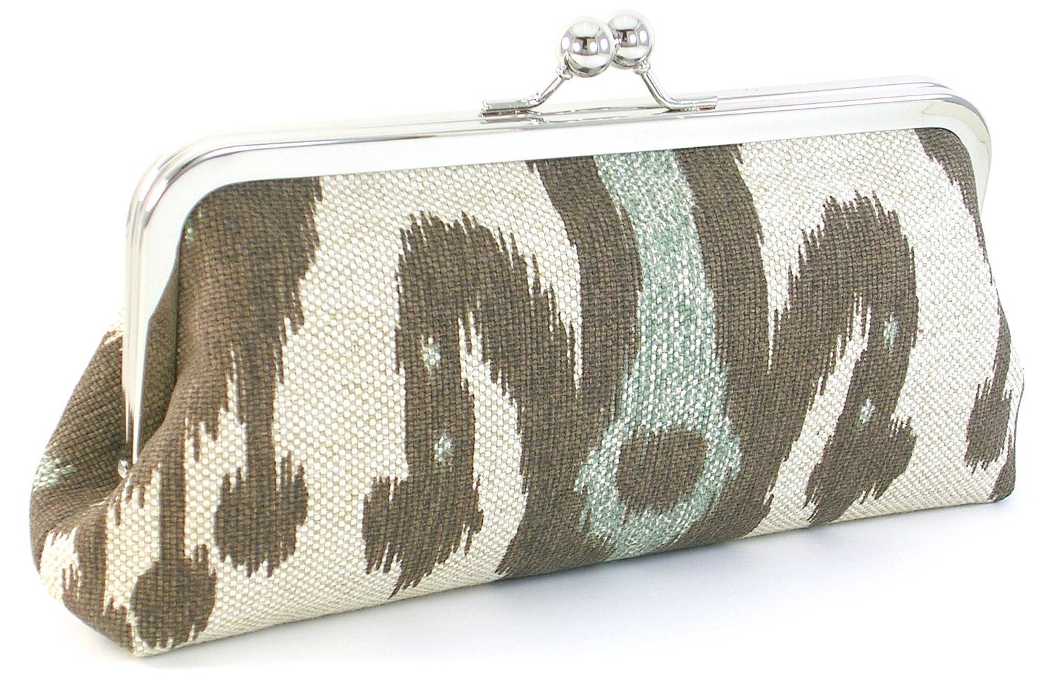 Ikat Clutch Purse Brown and Aqua Linen Handmade