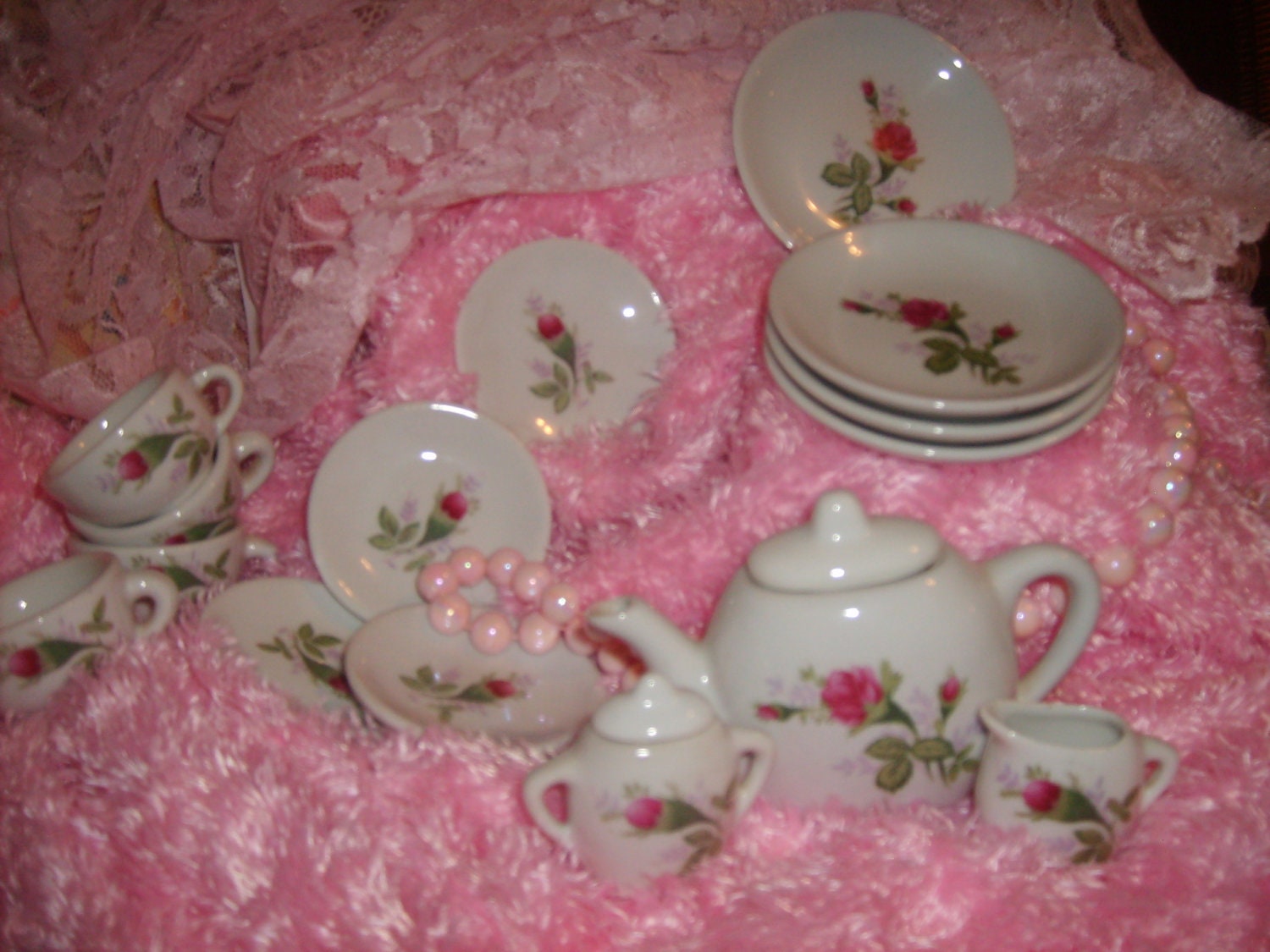 SALE.......SHABBY CHIC Child s Tea Set  Pink Princess Roses Vintage Porcelain Dishes  Collectible Teapot Marie Antoinette