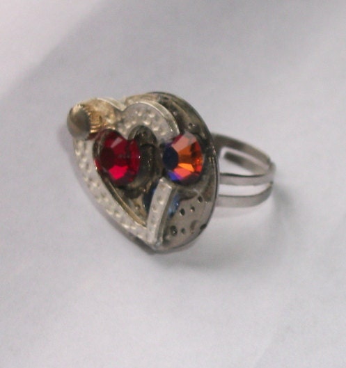 Steampunk Ring,Silver Heart,Red Blue Swarovski Crystal,Industrial Ready to ship