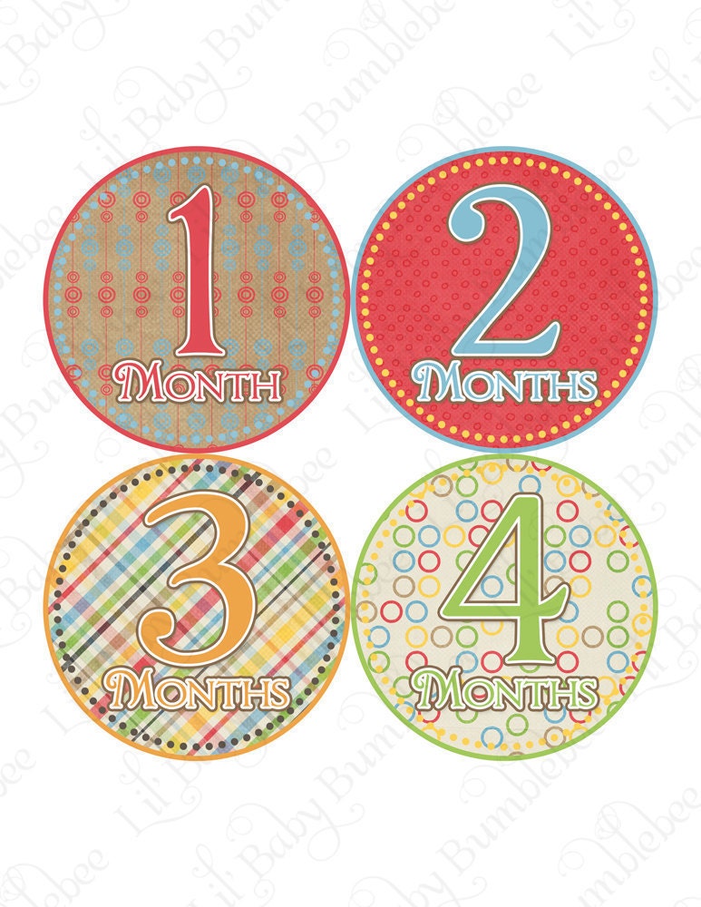 Onesie Stickers - Addison - Primary Color in Great Red, Yellow, Orange, and Green Prints - Great Baby Shower Gift and Photo Prop