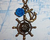 NAUTICAL Vintage Inspired Necklace 'ALL ABOARD' - Antique Bronze - Long Necklace - Anchor - Ships Wheel
