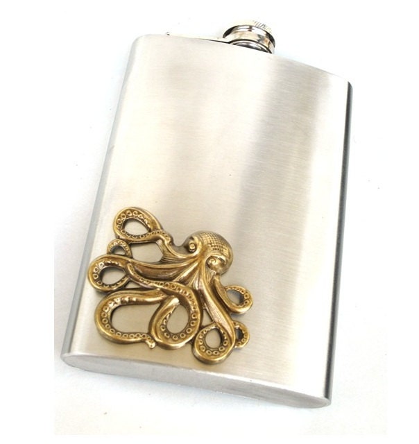 Steampunk - OCTOPUS Nauctical - Men Women - Stainless Steel Metal Flask - 8 oz - Antique Brass - Groomsman Gift - GlazedBlackCherry S2