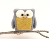 Needle Felted Owl, grey chartreuse yellow wool home whimsical decor play ecofriendly