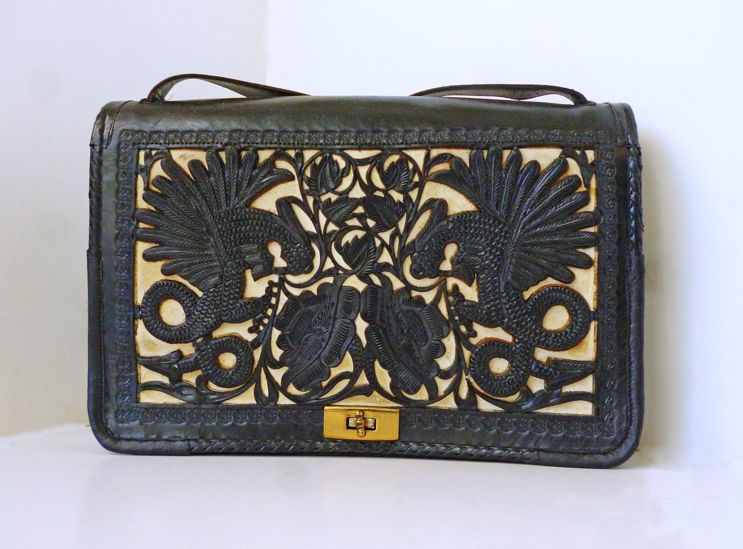 Ralph Lauren-ish 1930'S-1940'S Tooled Leather Art Deco Mexican Shoulder Bag