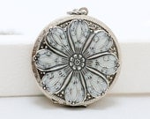 Locket, Silver Locket, White  Poppy Locket,filigree locket necklace,photo locket , vintage locket,Wedding Necklace,bridesmaid necklace
