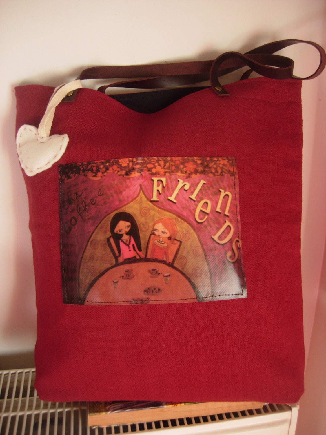 The Coffee Friends- dark red big cotton/hemp, art bag with a waterproof fabric art print on by a Pink Dreamer