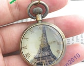 Pretty retro copper Eiffel Tower pattern pendant pocket watch necklace vintage style