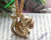 Pretty retro gold long tail squirrel eating Pine nuts necklace pendant jewelry vintage style