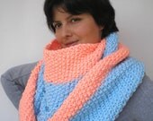 Clear  Chunky Circle Scarf Hand Knit Circle Scarf  Soft  Blue and Salmon  Scarf NEW COLECTION