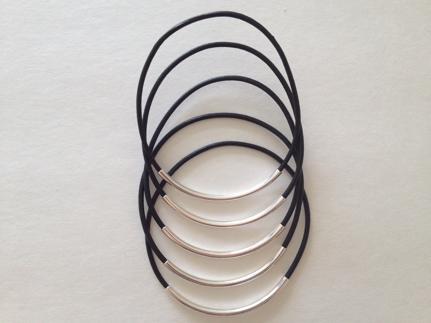 5 Black Leather Bangle Friendship Bracelets with Silver Tube Beads