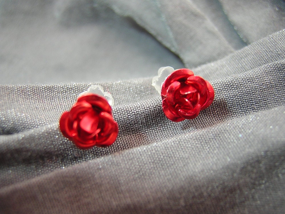 Small Red Rose Flower Post Back Earrings - Handmade by Rewondered D225E-55506