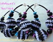 Black and White Crocheted Knit Metallic Wood Beaded Hoop Earrings - COMFY COZY