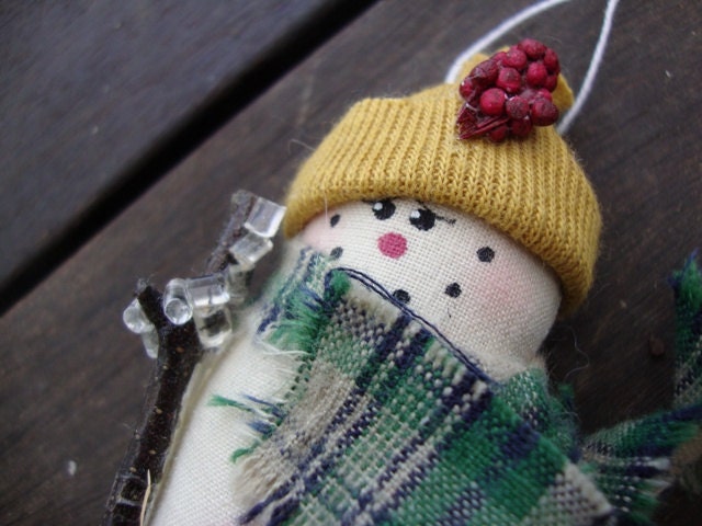 Vintage Snowman with a Broom Buttons Knit Hat Plaid Scarf Winter Holidays Christmas Ornament Cotton Fabric