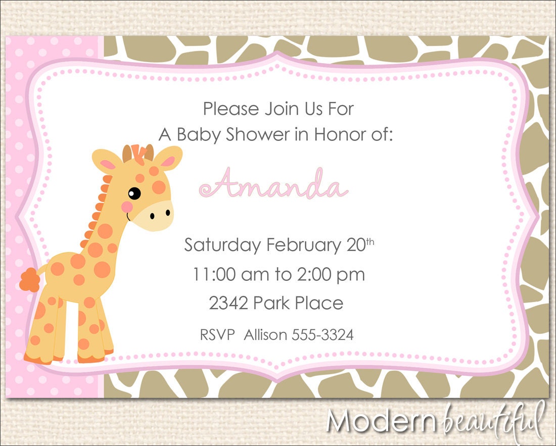 Pink giraffe baby shower invitation, polka dot, tan, printable, digital Il_570xn