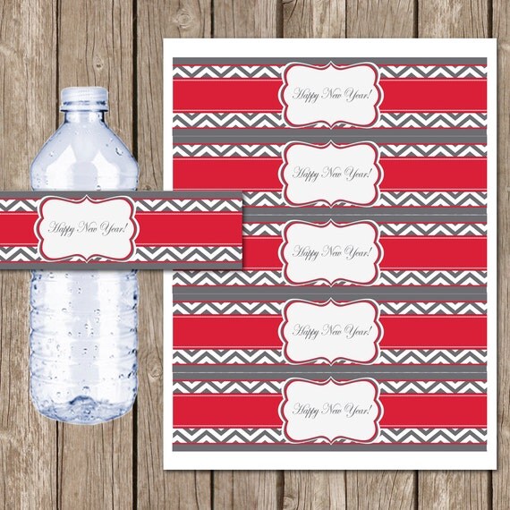 New Years Eve Water Bottle Labels, New Years Printable, New Years Party, red, grey , chevron,Printable INSTANT DOWNLOAD Il_570xn
