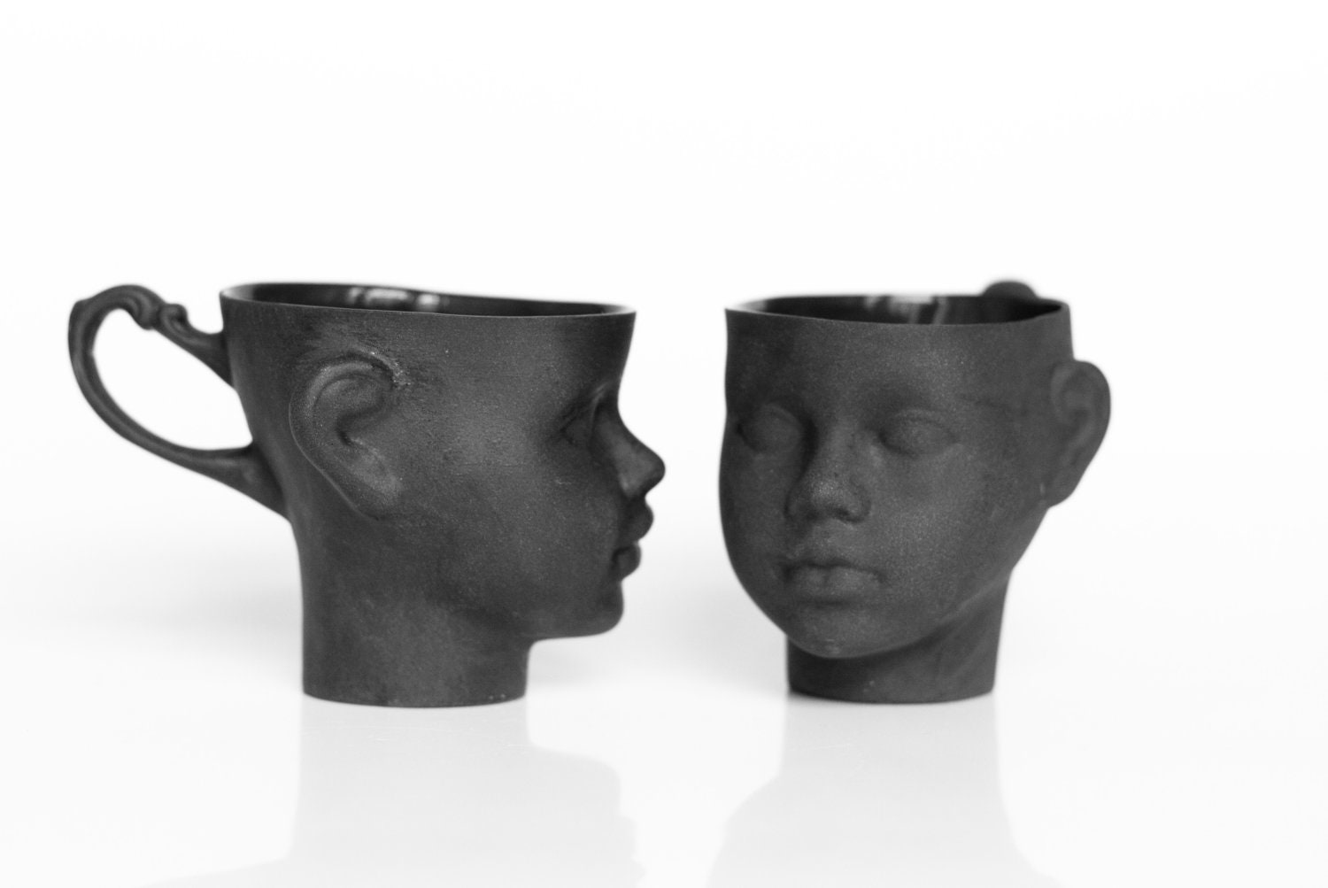 Porcelain doll head cups in black - whimsical set of black ceramic artisan mugs, for coffee or tea