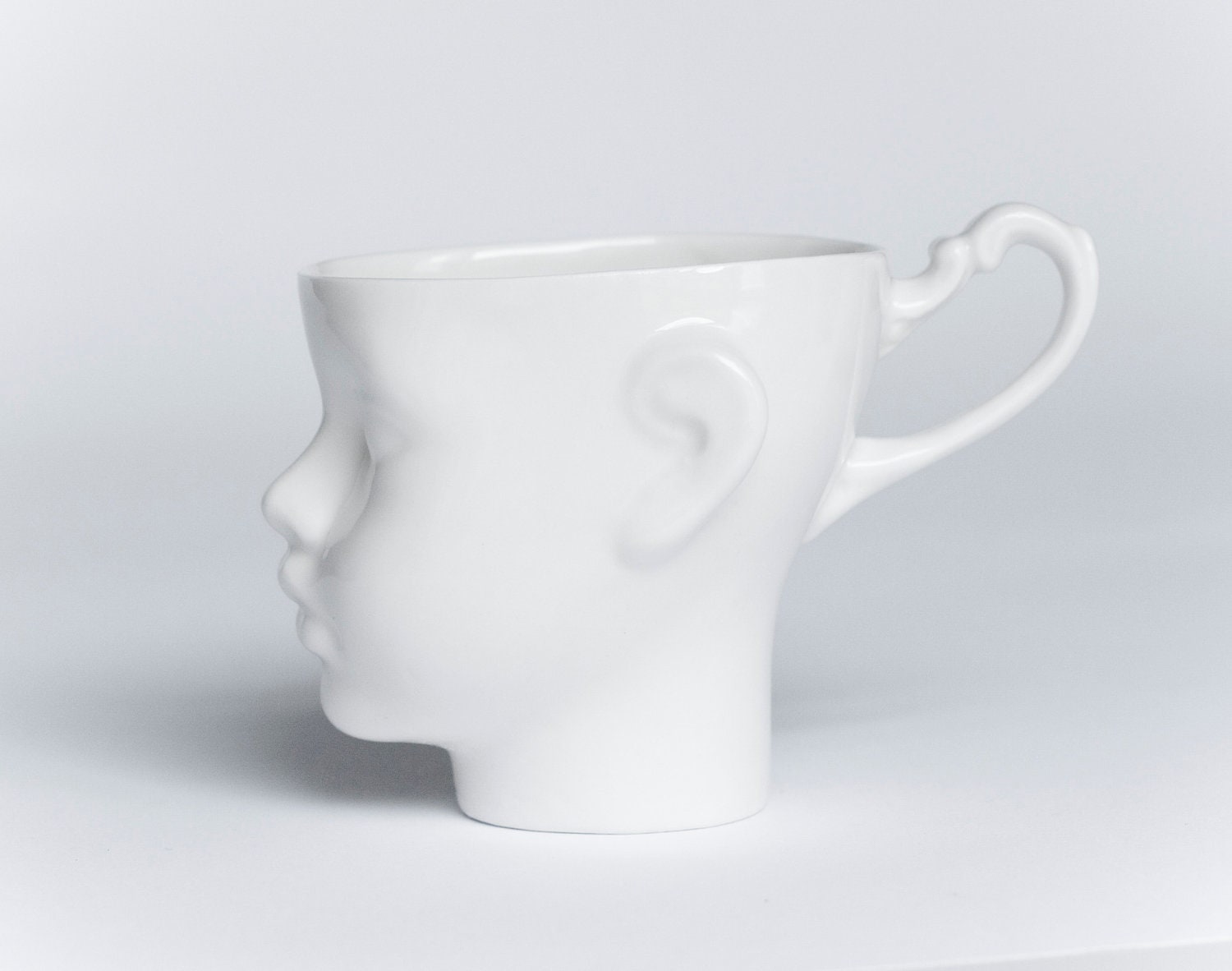Porcelain doll head cup - white artisan cup, for coffee or tea