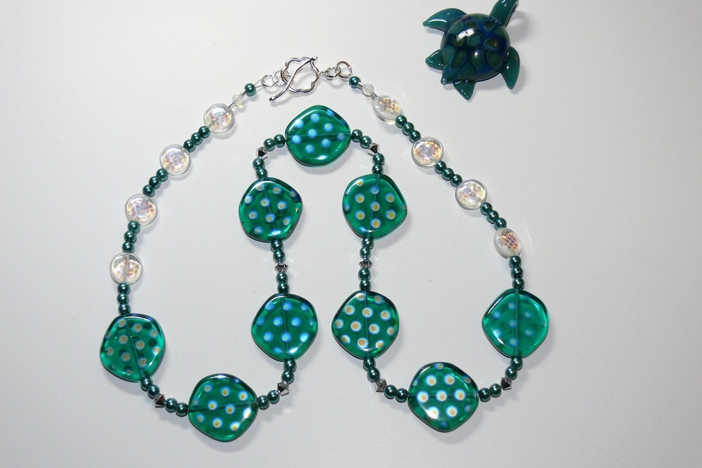 Crystal Ocean Czech Lentil Glass with Spotted Luster Beaded Handmade Necklace with Sterling Silver Flower Toggle