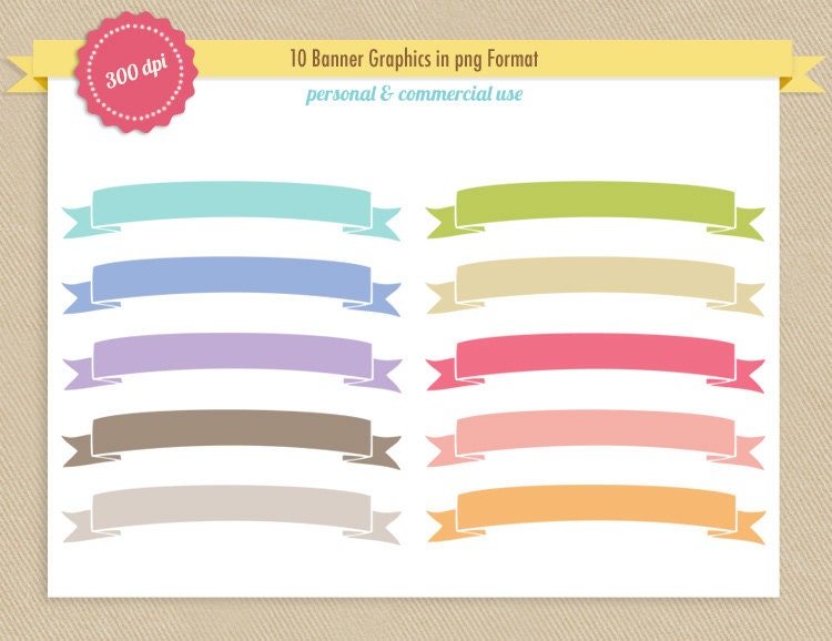 INSTANT DOWNLOAD - 10 Ribbon Banner Clipart - Graphics - 300 dpi PNG files - Personal and Commercial use