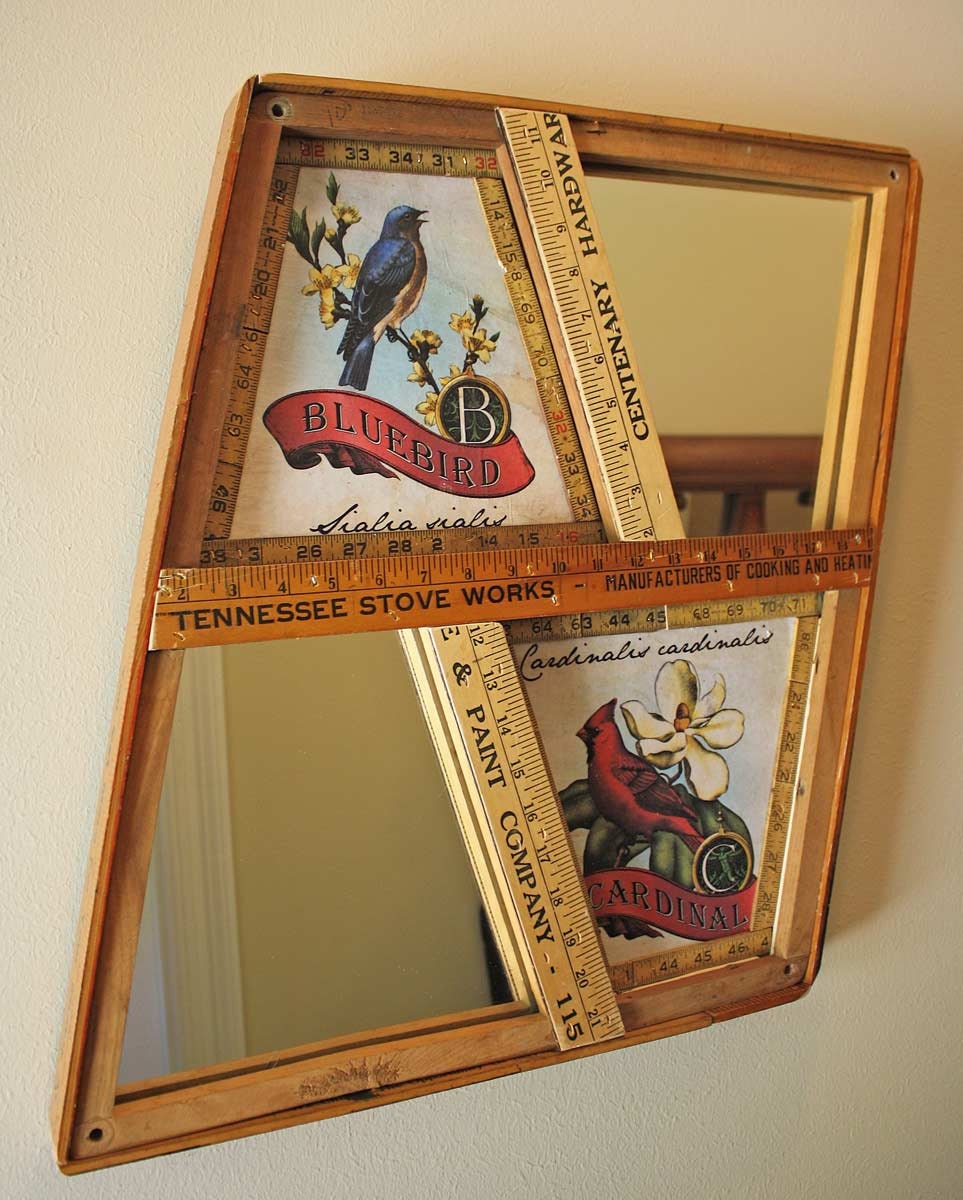 Mirror with Vintage Yardsticks and Wooden Wood Tennis Racket Racquet Presses Press Bluebird Cardinal Repurposed Upcycled