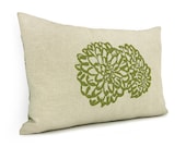 Floral pillow cover - Apple green flower print on natural beige canvas and damask print back - 12x18 decorative pillow cover - ClassicByNature