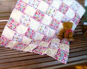 Rag Quilt, Modern fresh bright, Eco-friendly Cotton and Flannel, Baby quilt, Crib Toddler Bed quilt, yellow, teal, Pink, aqua, birds hearts