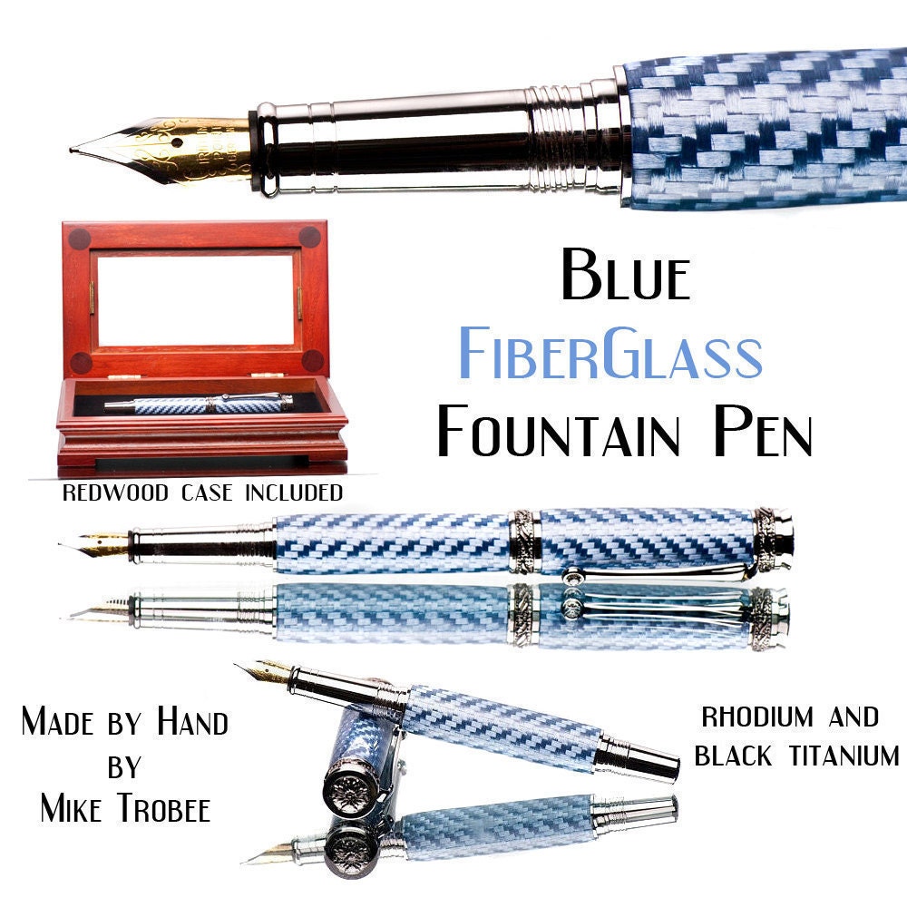 Blue Fountain Pen Woven Fiber Glass  Handmade High Quality Swarovski Crystal
